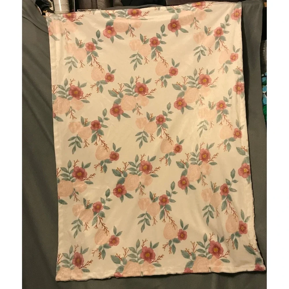 Catherine Malandrino Floral Baby Blanket Pink Minky Dot Rose Print Nursery White